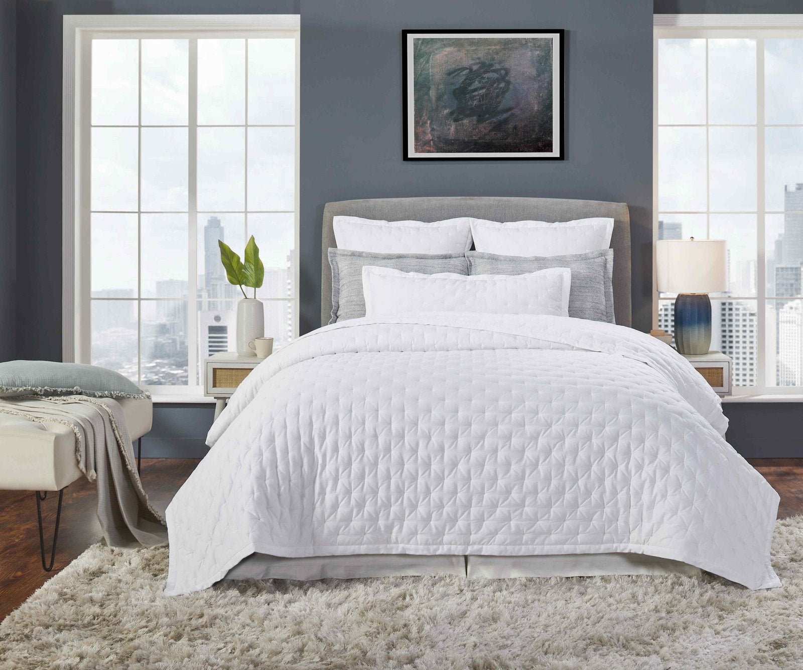 QT-349-9496_1|Crisp white quilted quilt set featuring a subtle geometric pattern, perfect for creating a clean, modern, and inviting bedroom sanctuary.