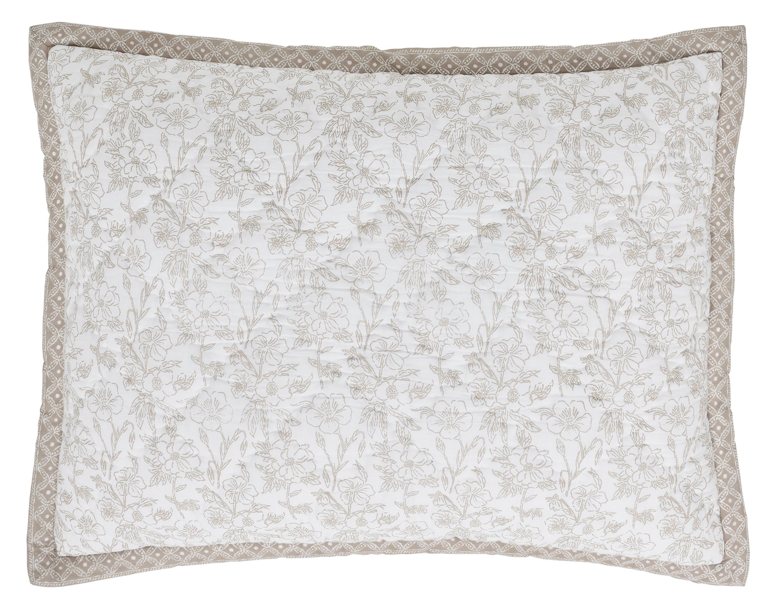 SS-346-2026_1|Quilted pillow sham featuring a subtle beige floral pattern on white with a delicate geometric border, perfect for a sophisticated quilt.