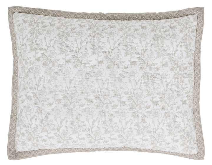 SS-346-2026_1|Quilted pillow sham featuring a subtle beige floral pattern on white with a delicate geometric border, perfect for a sophisticated quilt.