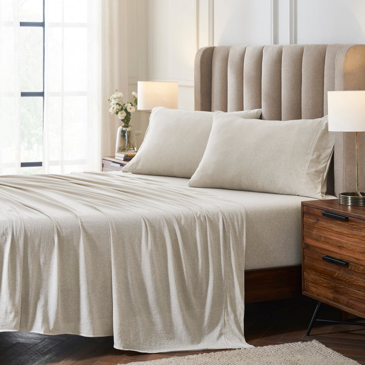 QSS-527-6080_1|Cozy oatmeal 100% cotton sheet set and pillowcases on a bed, creating a comfortable and warm bedroom aesthetic.