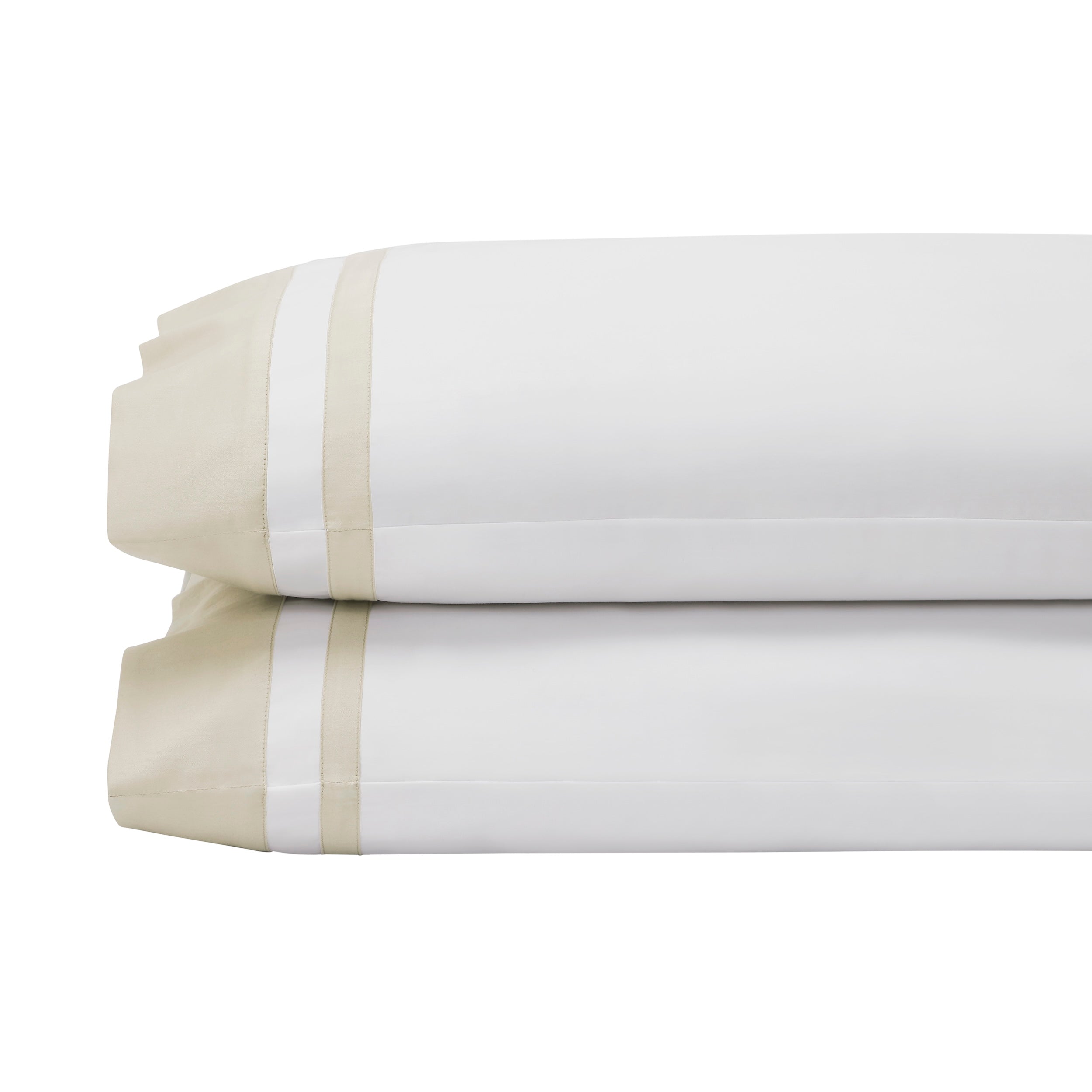 AKP-540-2040_1|Two stacked, folded 100% cotton sateen pillowcases, each with wide beige solid and white striped borders on the hem.