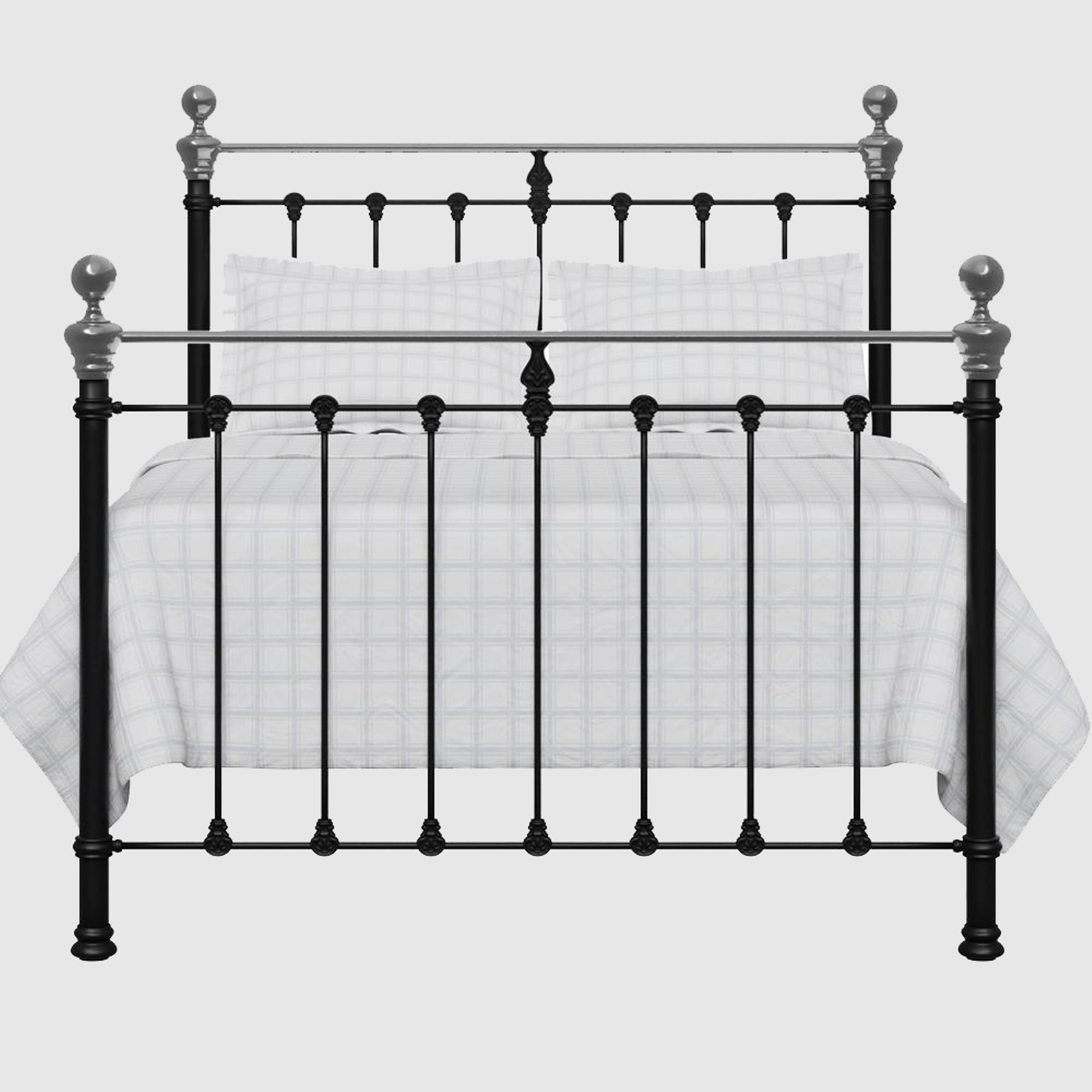 MB-211-6080_2|Black metal bed frame featuring sleek silver accents and modern checkered bedding, perfect for a contemporary bedroom.
