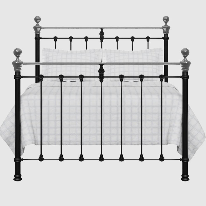 MB-211-6080_2|Black metal bed frame featuring sleek silver accents and modern checkered bedding, perfect for a contemporary bedroom.