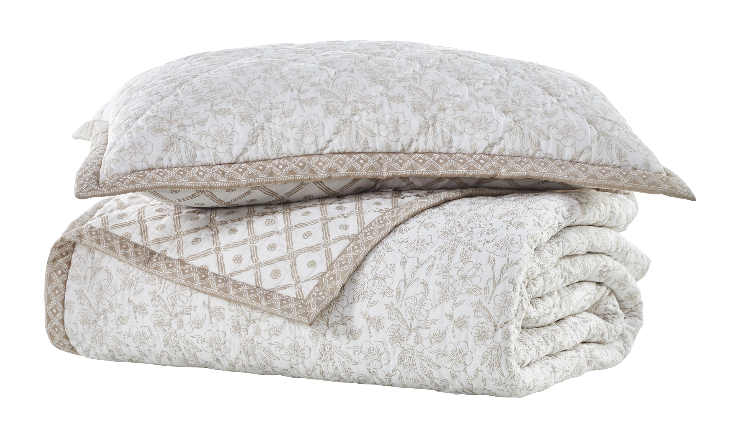 SS-346-2026_2|Stacked elegant beige floral pattern quilt and matching pillow sham, offering a warm and cohesive bedding design for your bedroom.