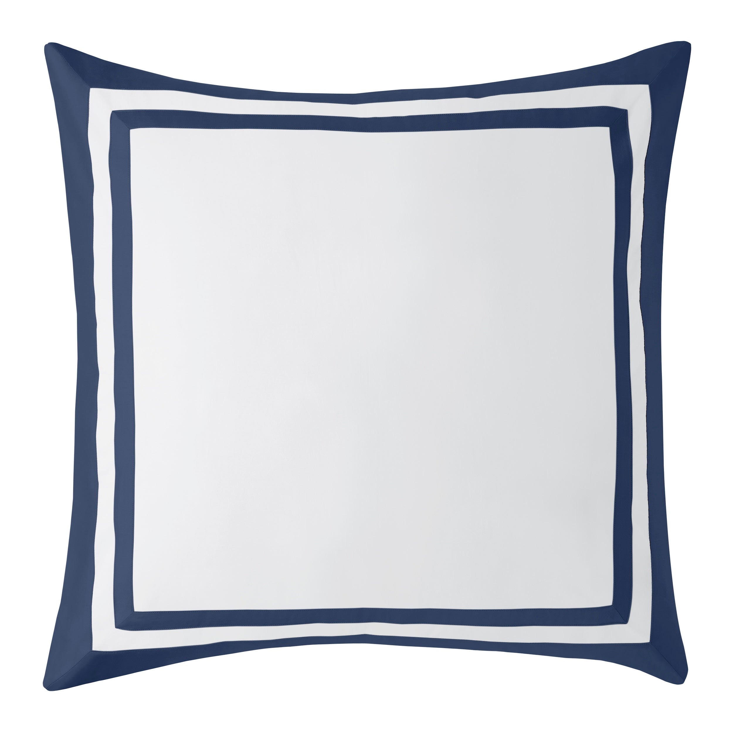 ES-069-2626_1|Elegant navy blue bordered duvet cover with crisp white panels, luxurious hotel-style bedding for a sophisticated bedroom.