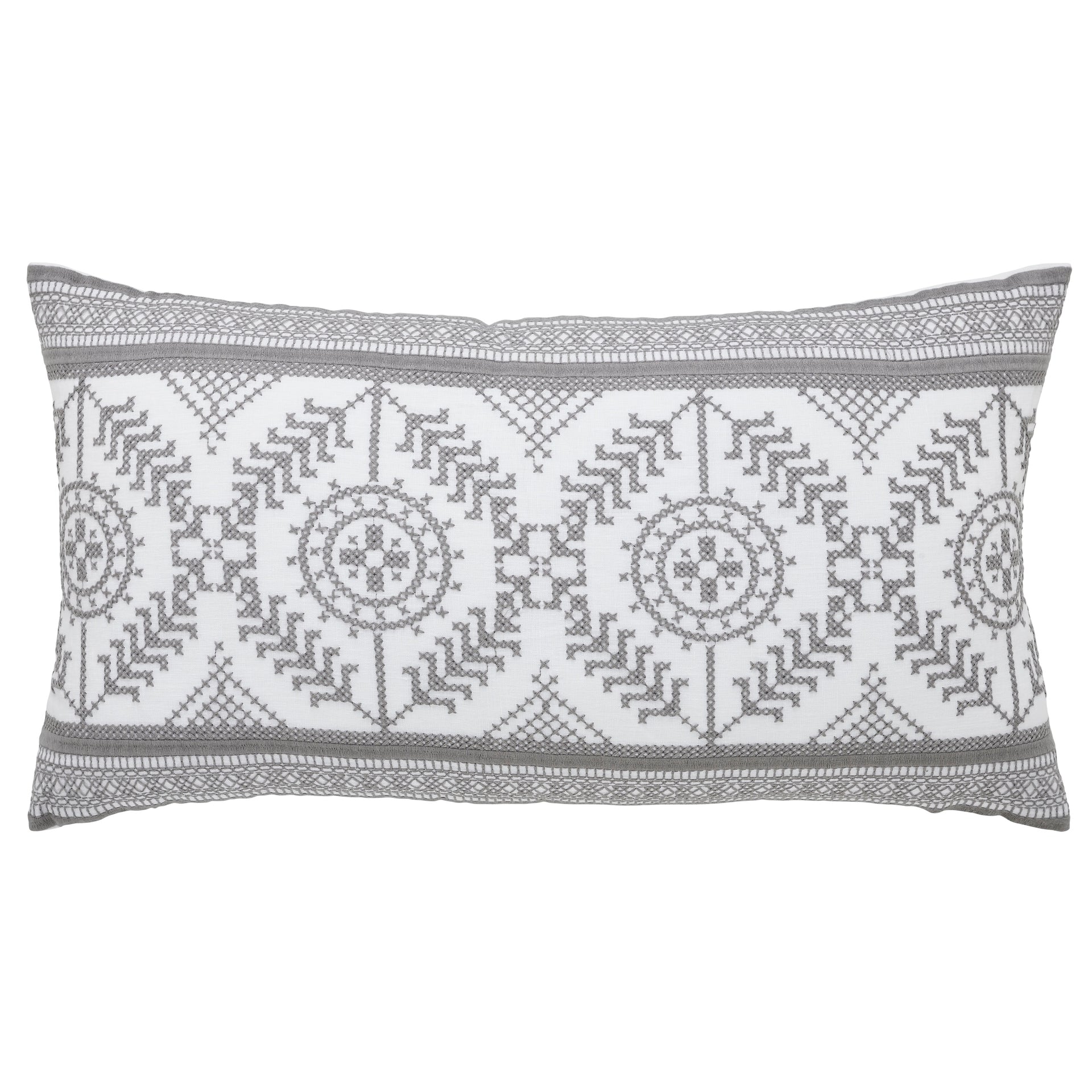 DP-1366-1426_1|White rectangular decorative pillow with intricate grey geometric embroidered pattern. Accent pillow for modern living.
