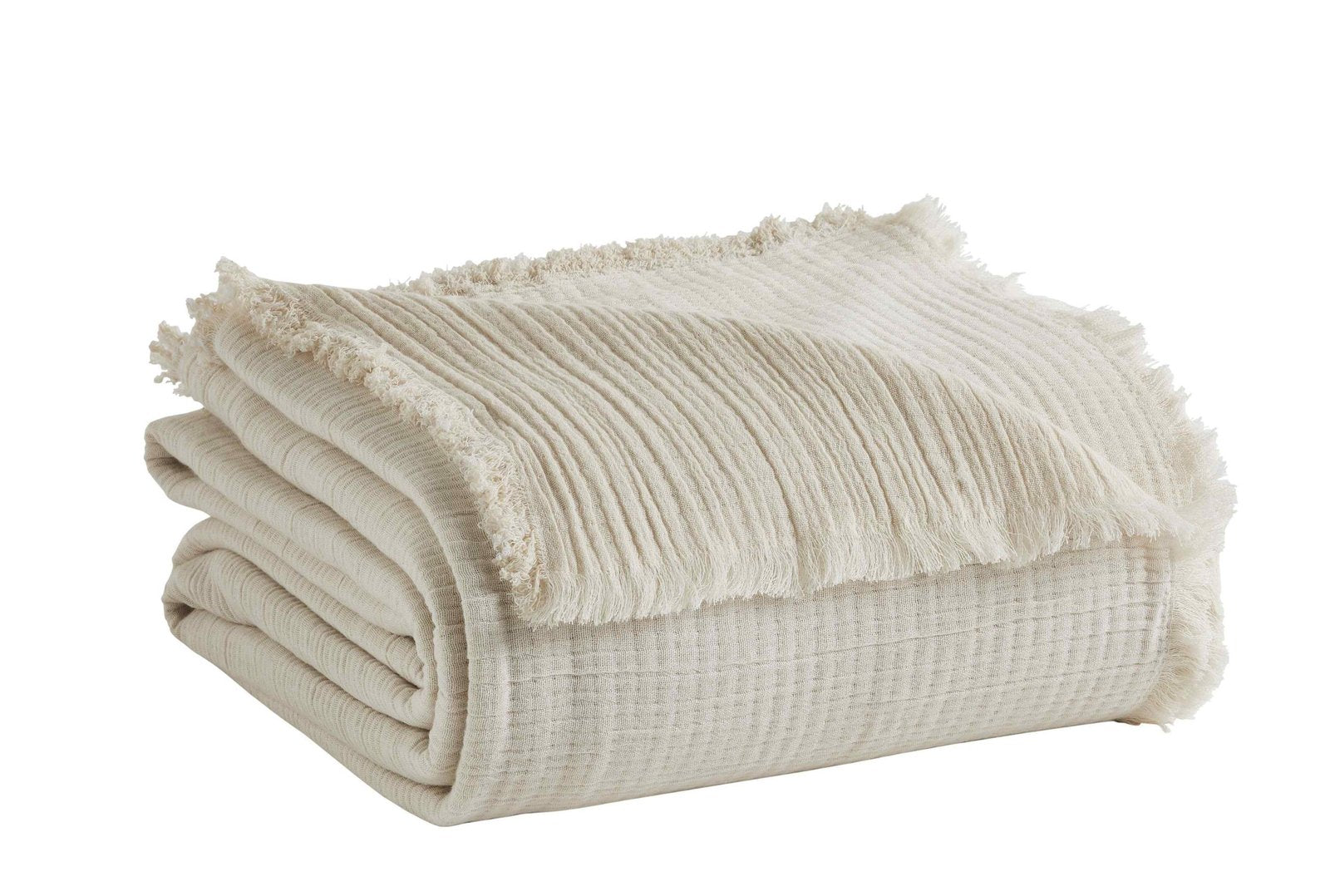 BT-103-X_2|Soft cream crinkled throw blanket, neatly folded with stylish fringed edges. Ideal for cozying up on chilly nights.