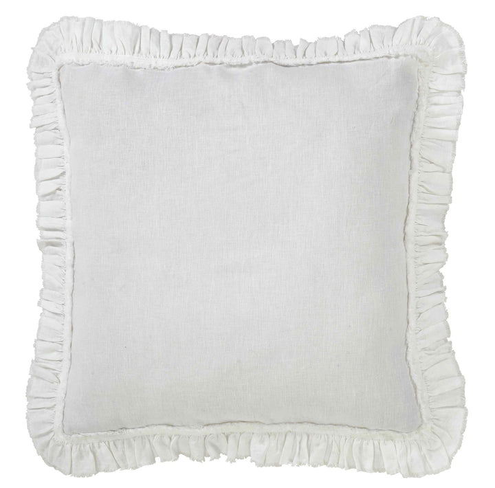 SS-017-X_1|Charming white linen square pillow with elegant ruffled edges, adding a touch of rustic sophistication to any bed.