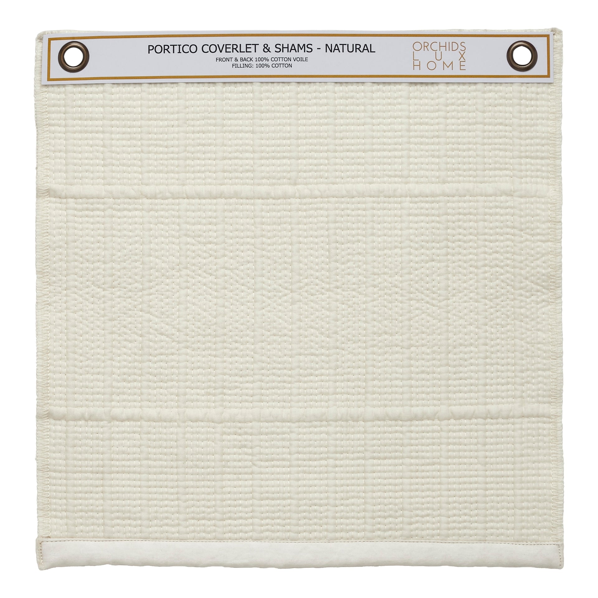 SWT-268-X_1|Natural Portico coverlet and shams fabric swatch, showcasing textured 100% cotton voile for luxurious, soft bedding.