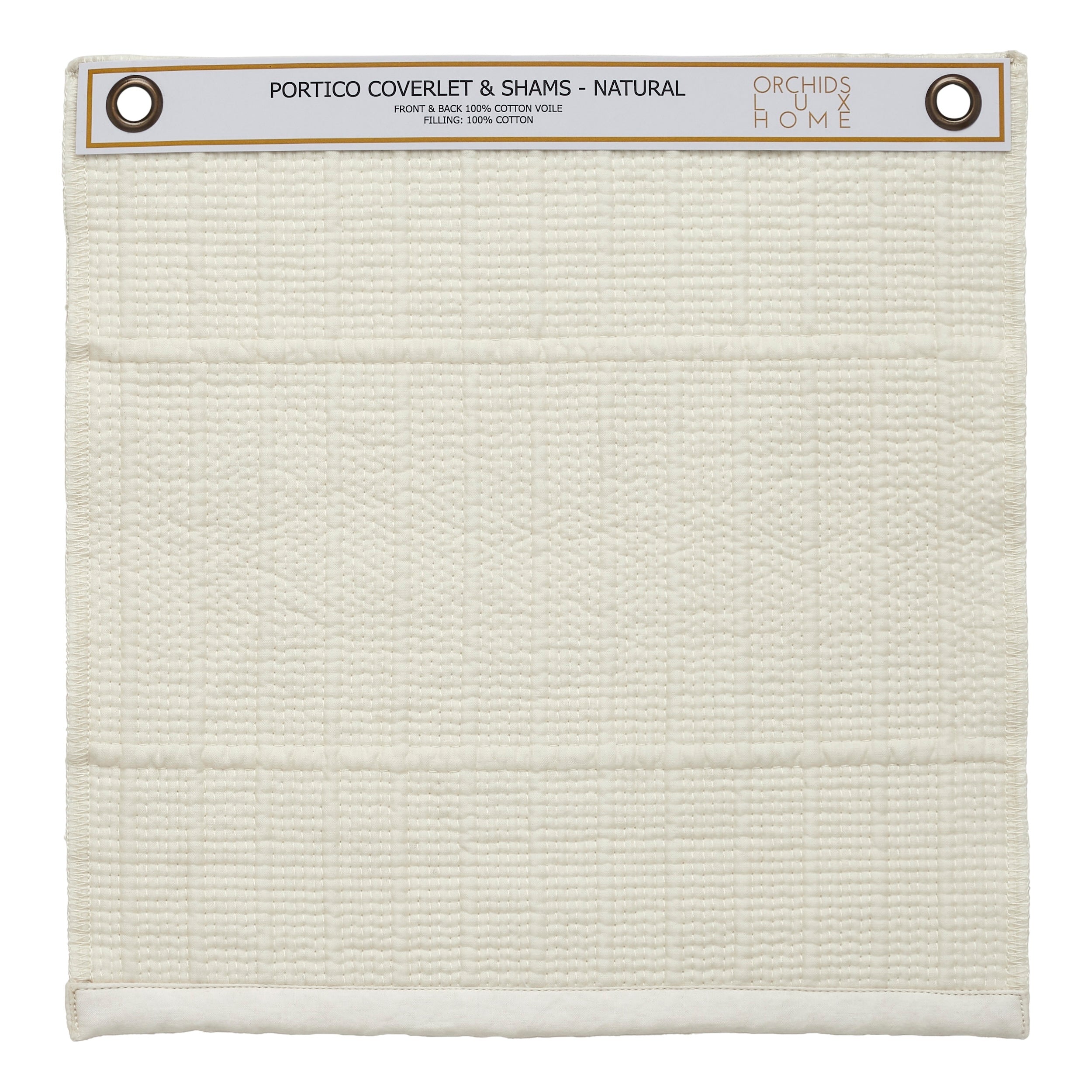 SWT-268-X_1|Natural Portico coverlet and shams fabric swatch, showcasing textured 100% cotton voile for luxurious, soft bedding.