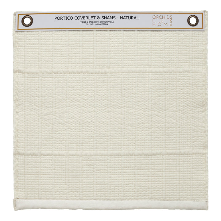 SWT-268-X_1|Natural Portico coverlet and shams fabric swatch, showcasing textured 100% cotton voile for luxurious, soft bedding.