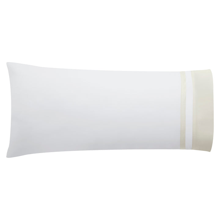 AKP-540-2040_3|Single white 100% cotton sateen pillowcase, standard size, with a wide beige solid and white striped border.