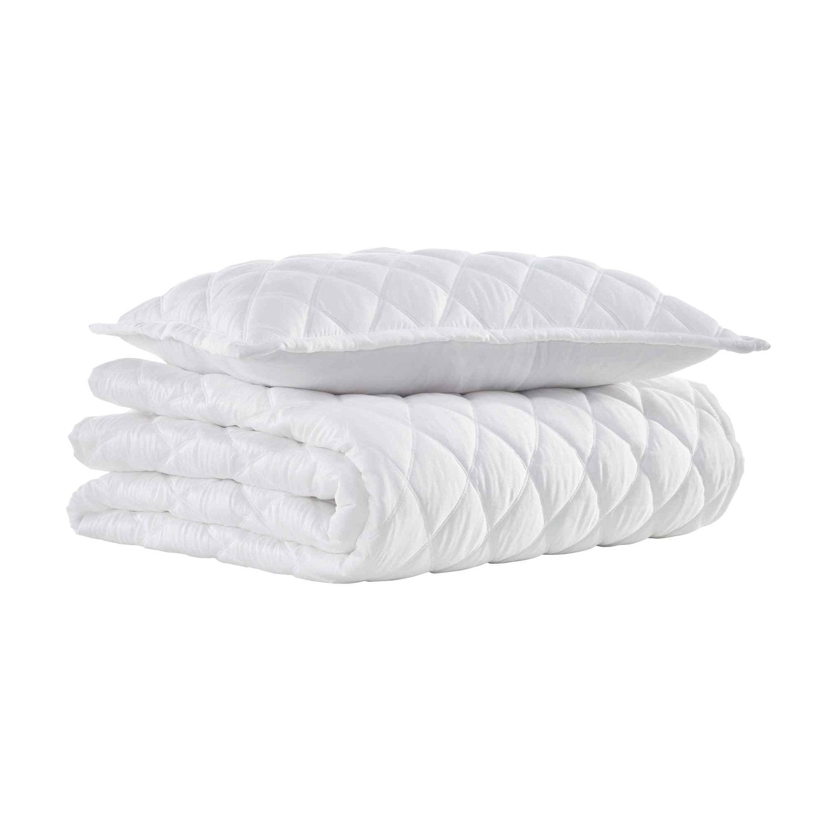 CL-179-9496_5|Folded white diamond-quilted coverlet set with matching pillow, ready for elegant bedroom styling or cozy comfort.
