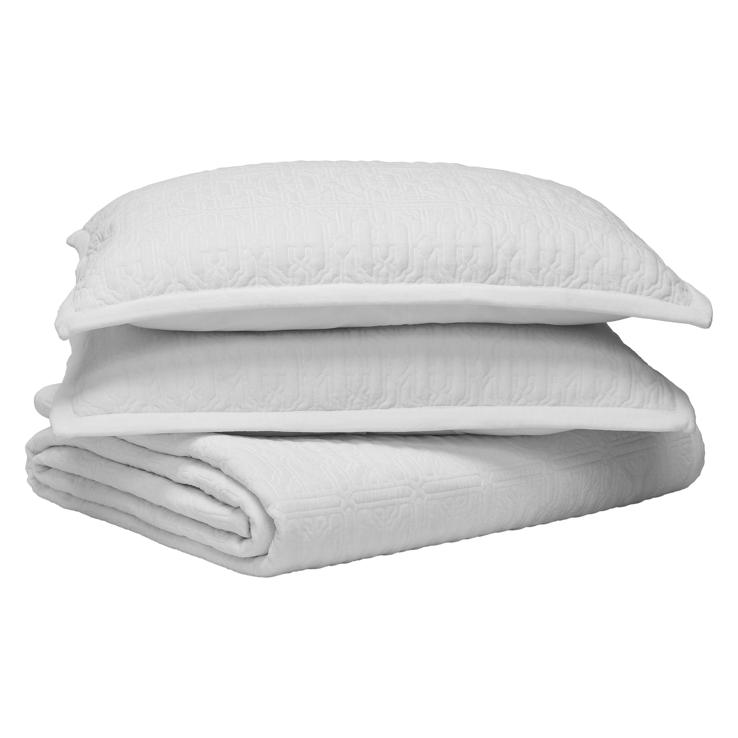 SS-376-2026_4|Stack of two white quilted shams and a folded white quilt with intricate geometric patterns for elegant bedding.