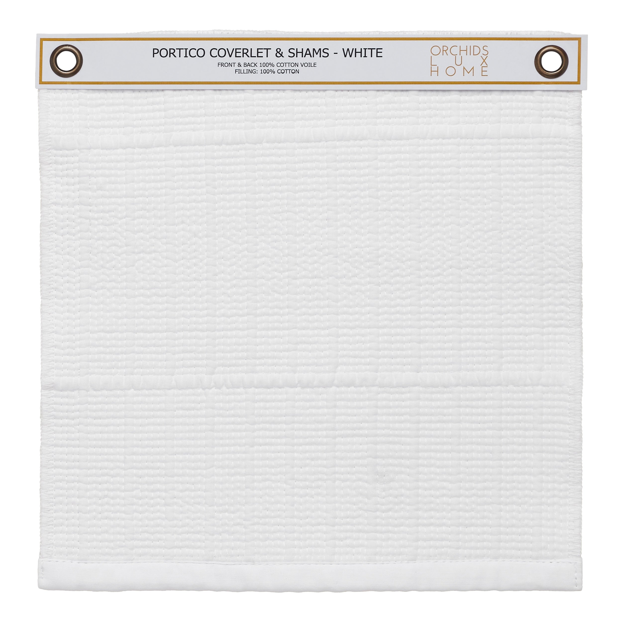SWT-268-1010_1|White Portico coverlet & shams individual swatch, 100% cotton voile and border with subtle texture, crisp look.