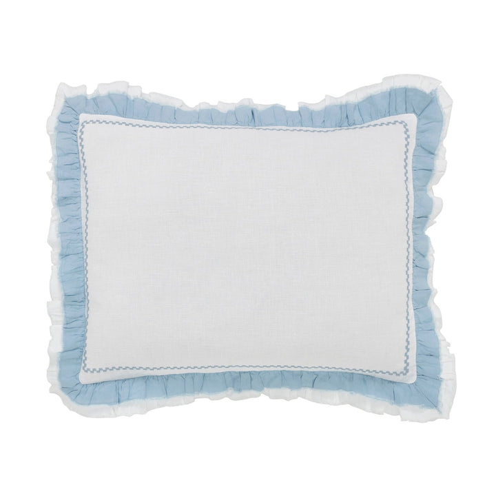SS-028-2026_1|Crisp white linen duvet cover with elegant light blue ruffled border and subtle embroidery for a fresh, classic bedroom look.