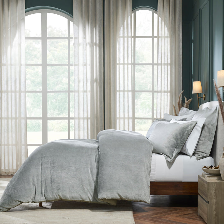 DT-054-10692_3|Luxurious light green ribbed velvet duvet cover and matching shams creating a cozy modern bedroom aesthetic.