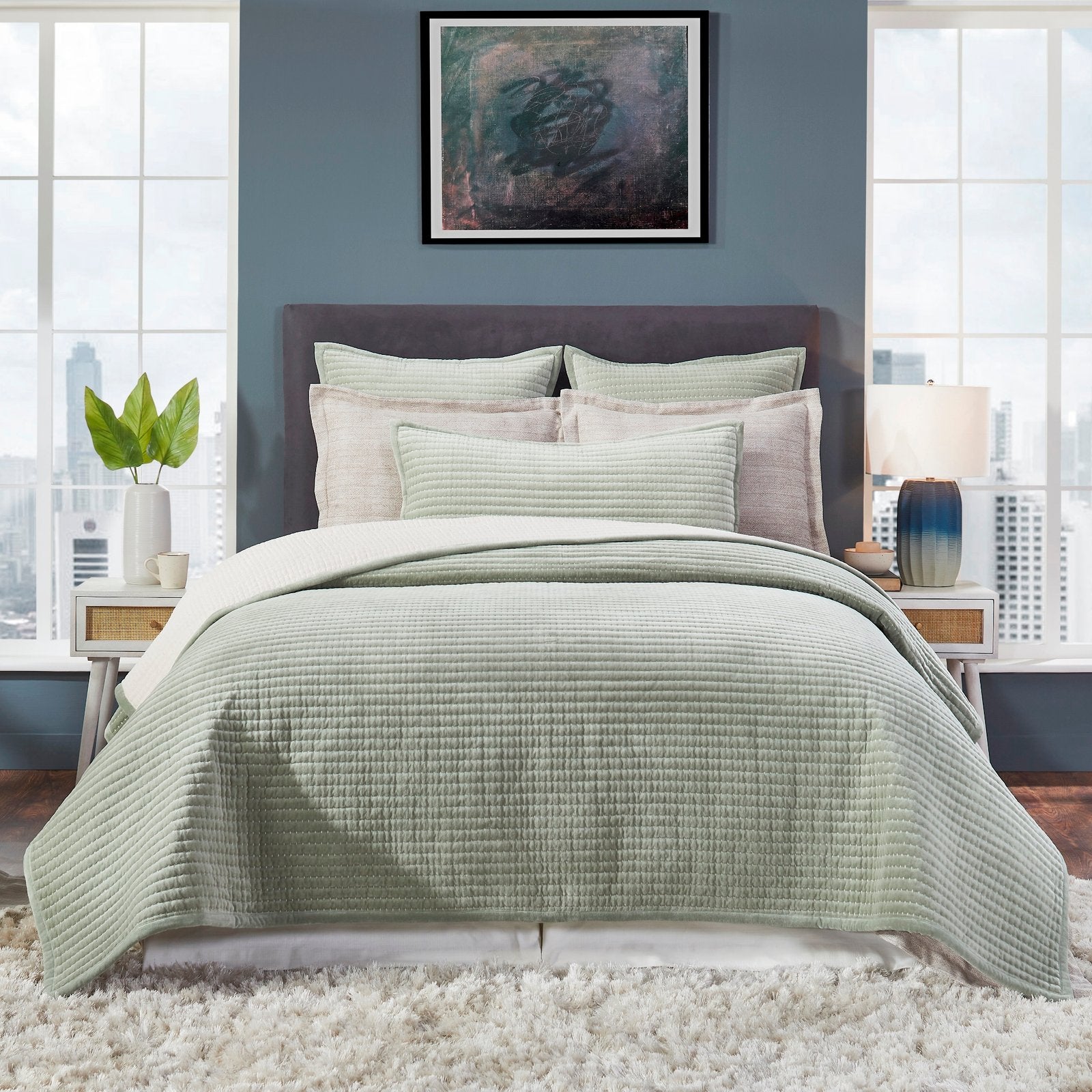 CL-185-9496_1|Sage green quilted coverlet on a modern bed, enhancing bedroom decor with soft texture, comfort, and serene elegance.