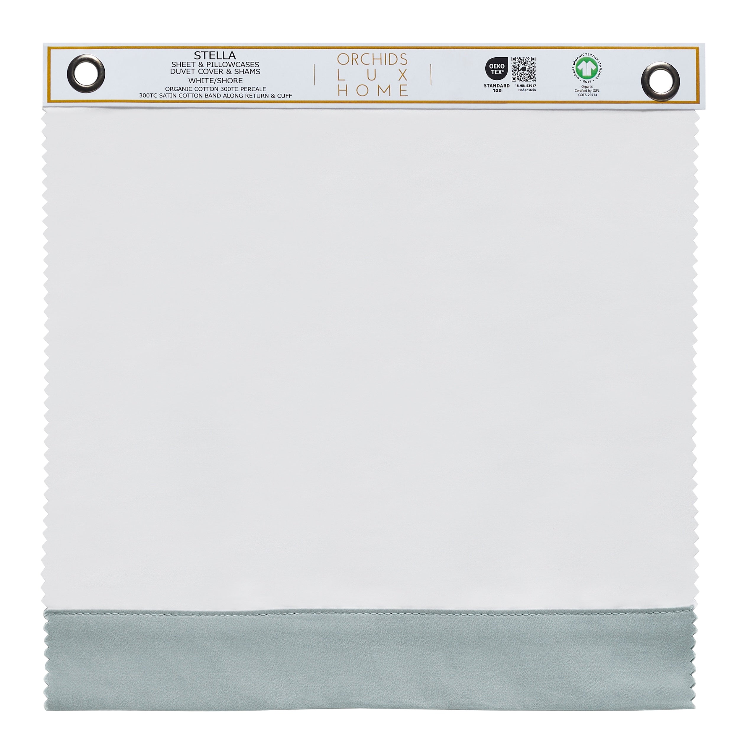 SWT-541-1010_1|Organic cotton percale Stella sheet swatch, 300TC, white/pure, with satin cotton band, GOTS certified premium bedding.