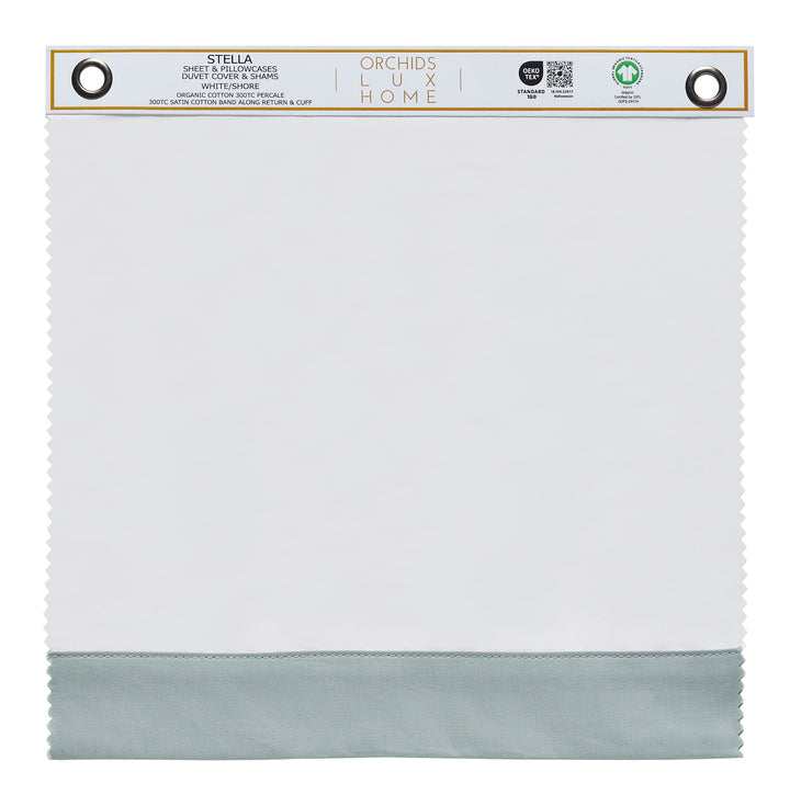 SWT-541-1010_1|Organic cotton percale Stella sheet swatch, 300TC, white/pure, with satin cotton band, GOTS certified premium bedding.