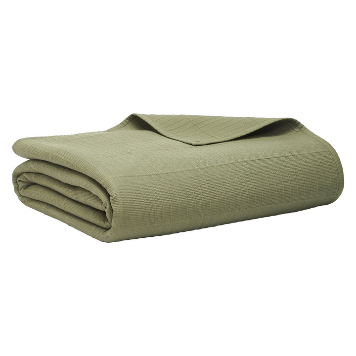 CL-270-9496_10|Folded sage green textured cotton blend coverlet, lightweight and breathable for all-season use, neutral bedding.