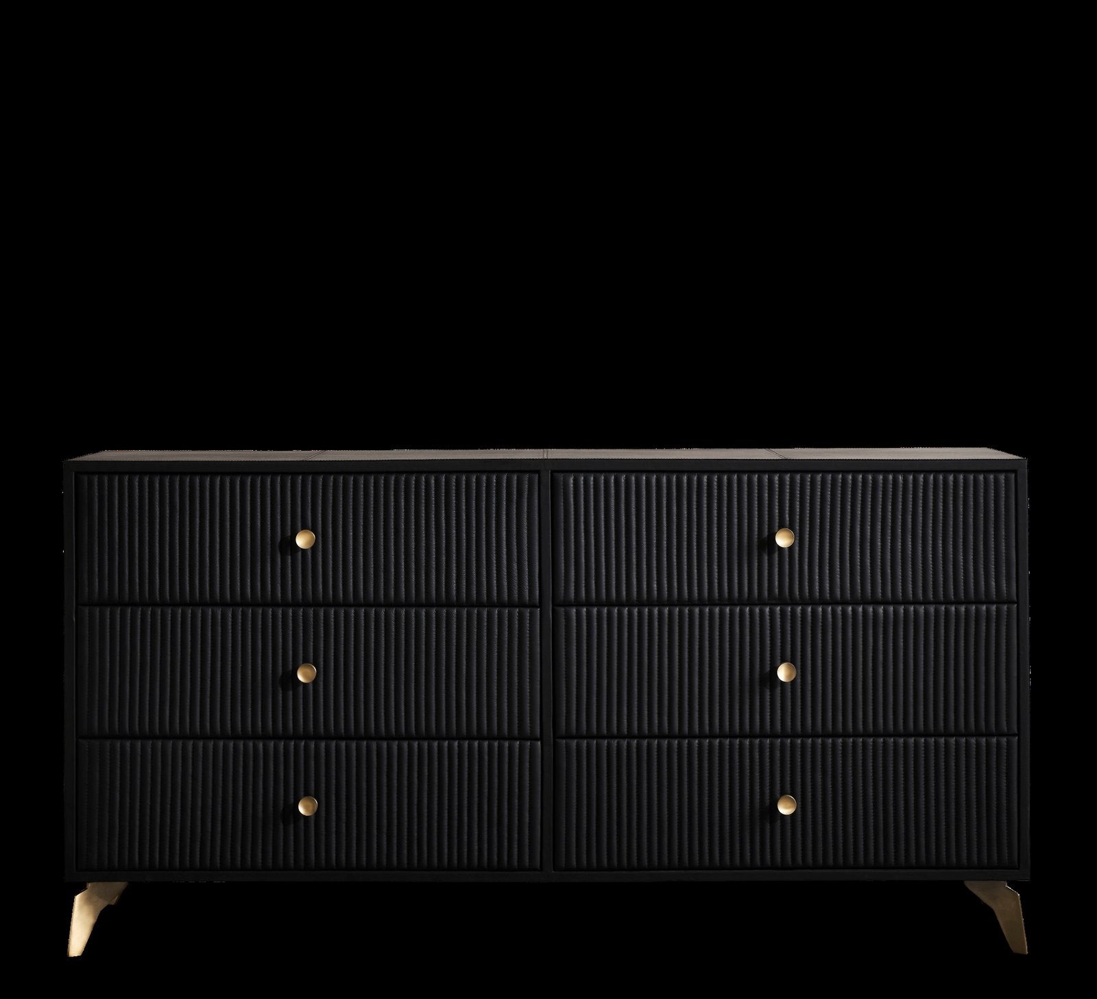 FN-5202-642033_1|Stylish black modern dresser with fluted texture, six spacious drawers, elegant gold knobs, and subtle gold feet.