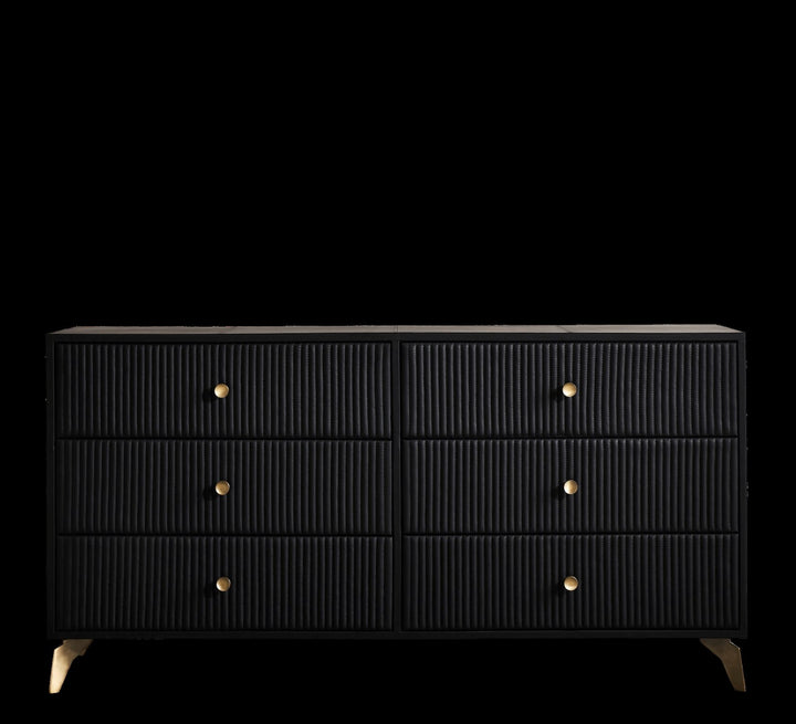 FN-5202-642033_1|Stylish black modern dresser with fluted texture, six spacious drawers, elegant gold knobs, and subtle gold feet.