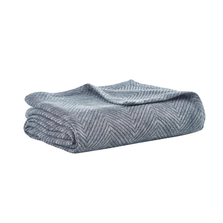 BT-123-9496_2|Folded blue-gray chevron texture throw blanket. Soft, cozy herringbone pattern for stylish home decor and warmth.