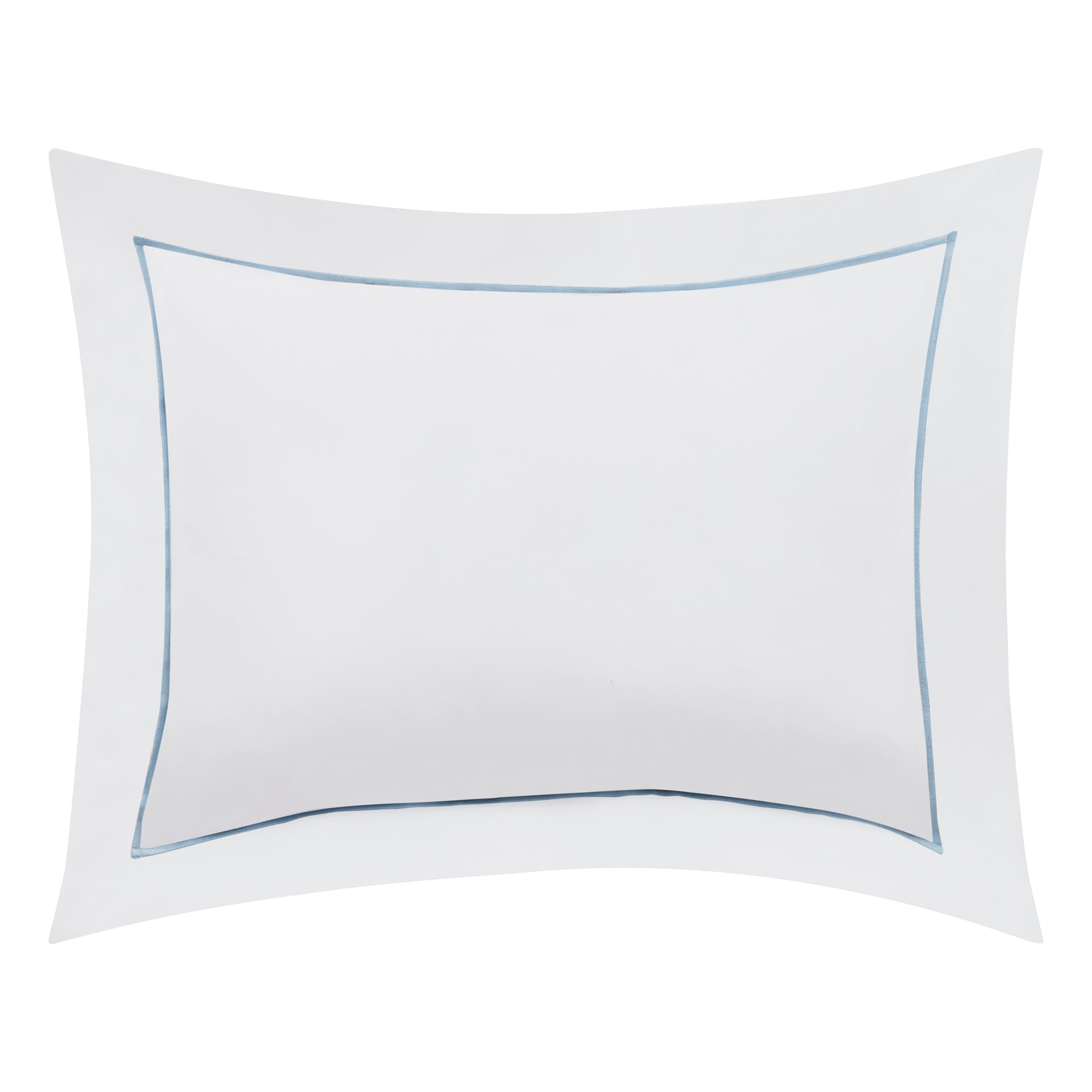 BS-055-1216_1|Elegant white duvet cover pillow sham with a sophisticated light blue piped trim, adding a refined touch to bedroom decor.