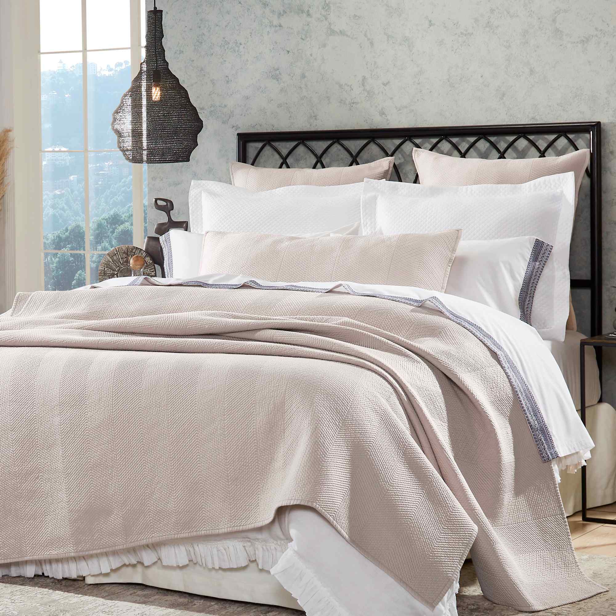 CL-171-11096_2|Neutral beige chevron coverlet enhancing a queen bed. Luxurious and textured bedding, ideal for a modern bedroom update.