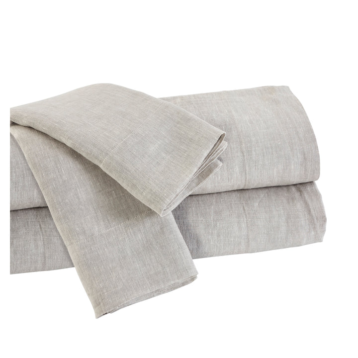 QSS-516-6080_5|Stack of neatly folded light grey 100% linen sheets, showcasing their premium quality, softness, and durability.