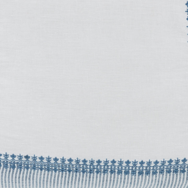 SWT-030-7.8_1|Clean white linen-look fabric featuring an intricate blue embroidered floral and striped border. Elegant home textiles.