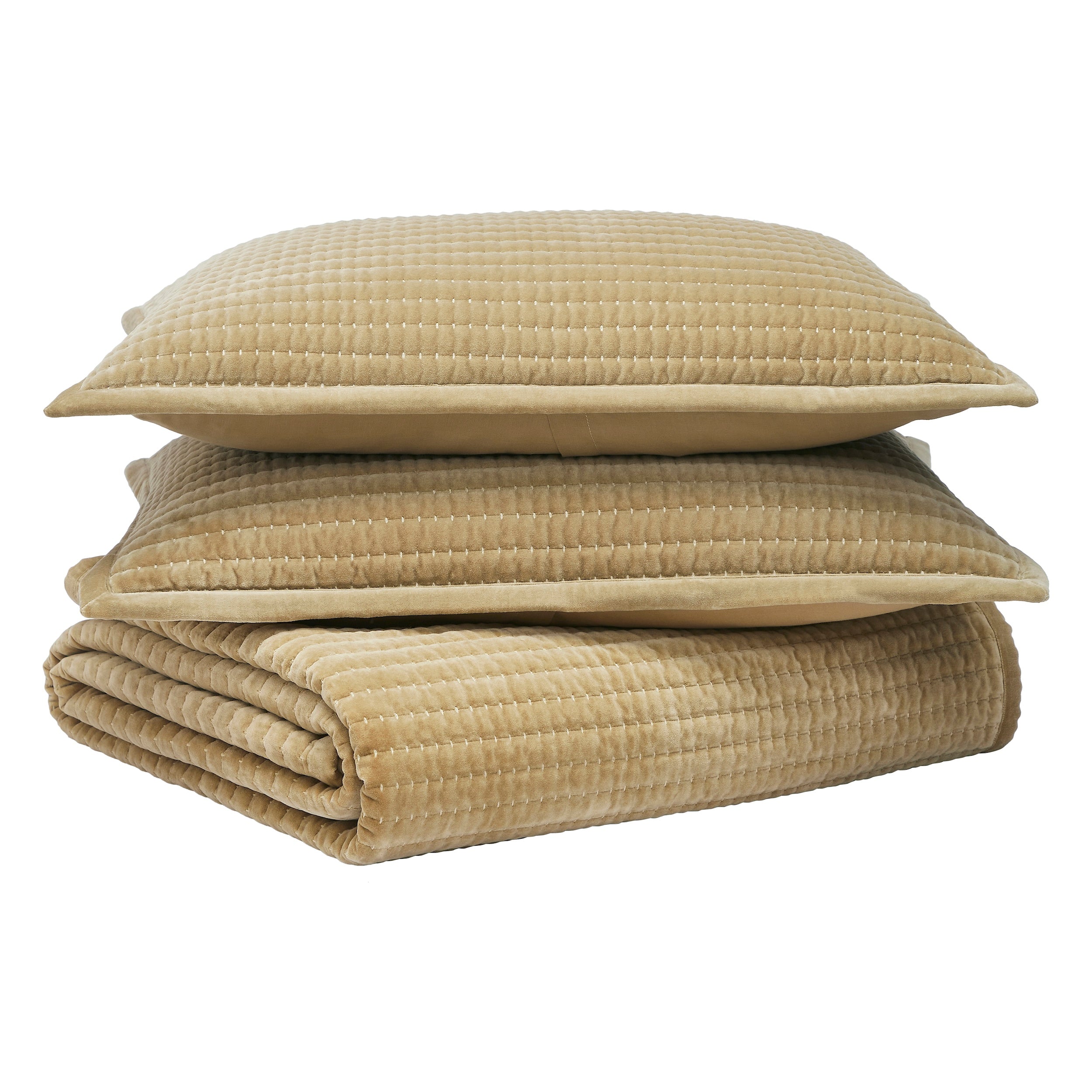 KS-267-2036_4|Beige quilted velvet coverlet and two matching pillows, perfect for a cozy, luxurious bedroom aesthetic.
