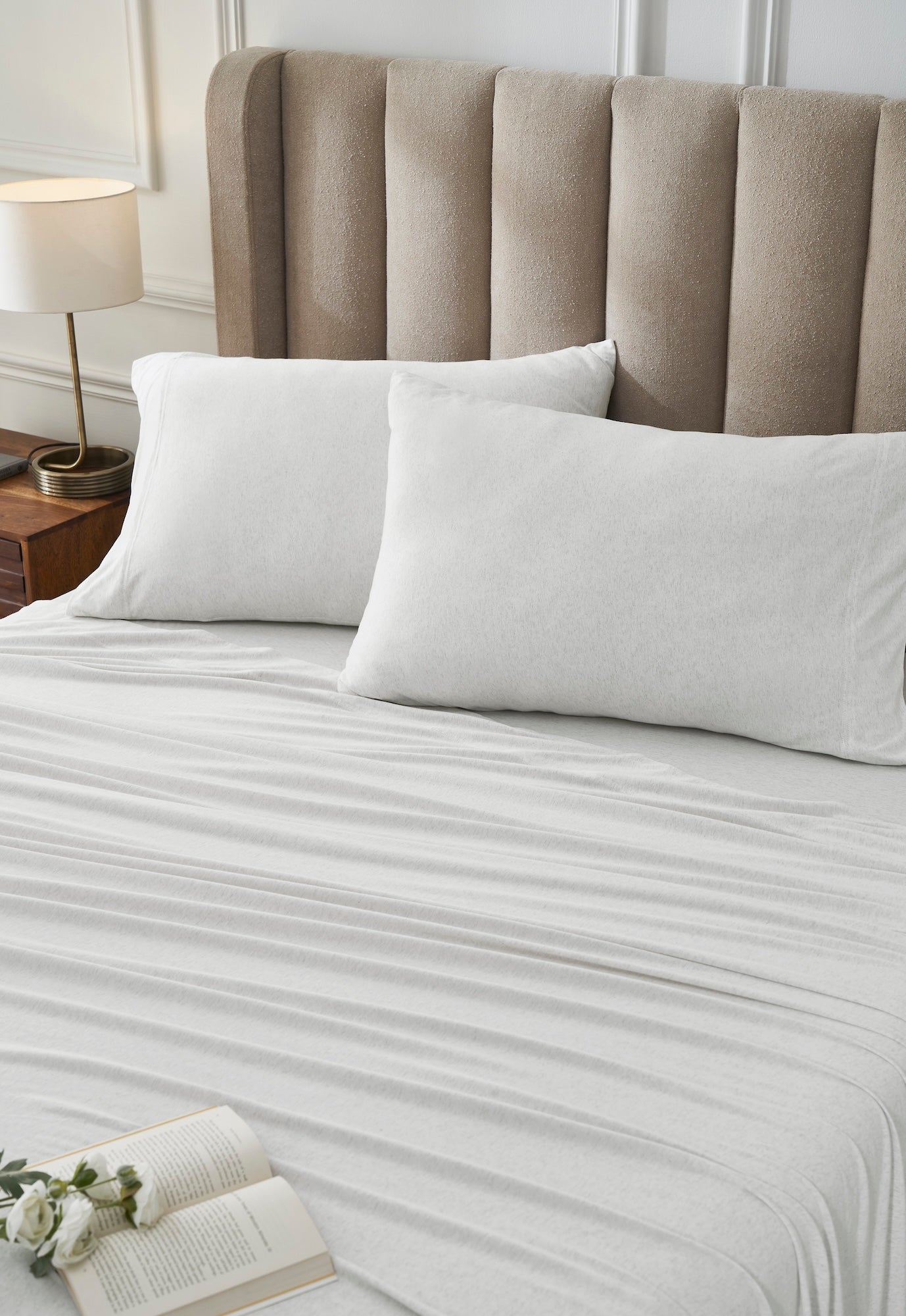 KSS-525-7880_2|Super soft light grey heathered jersey sheet set, creating a comfortable and inviting sleep experience.