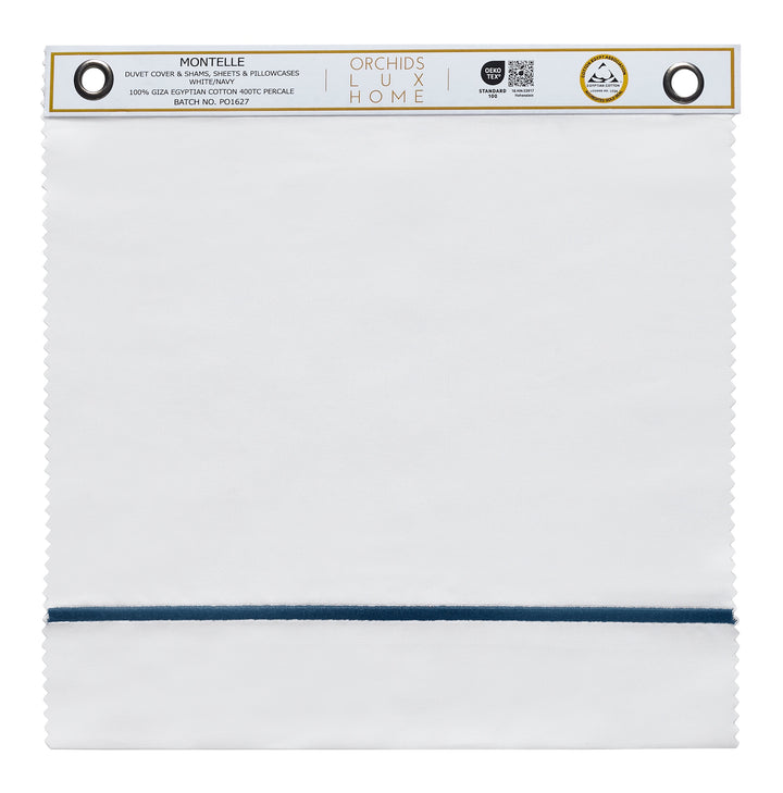 SWT-549-1010_1|Pristine white fabric swatch edged with a thin, elegant navy blue piping, showcasing luxurious detailing and quality.