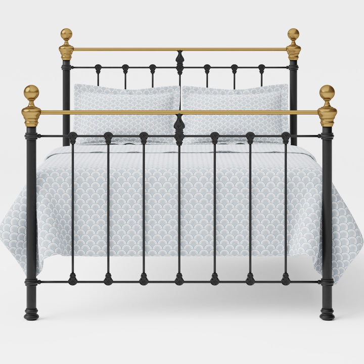 MB-205-6080_2|Ornate black metal bed frame adorned with gleaming brass finials, perfect for adding a touch of vintage charm to any room.