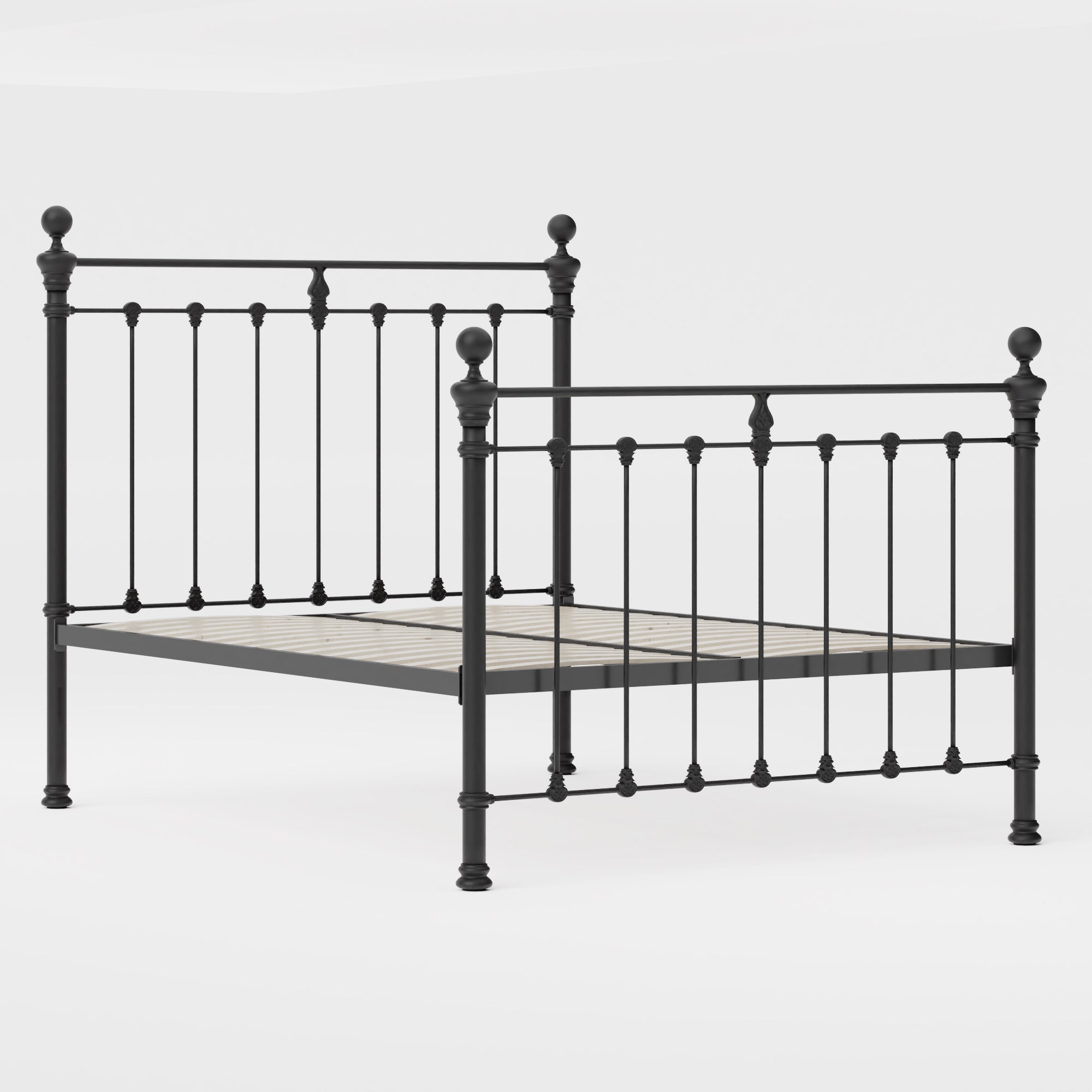 MB-204-7680_4|Sturdy black metal bed frame with classic finial accents and strong support system, perfect for enduring bedroom style.