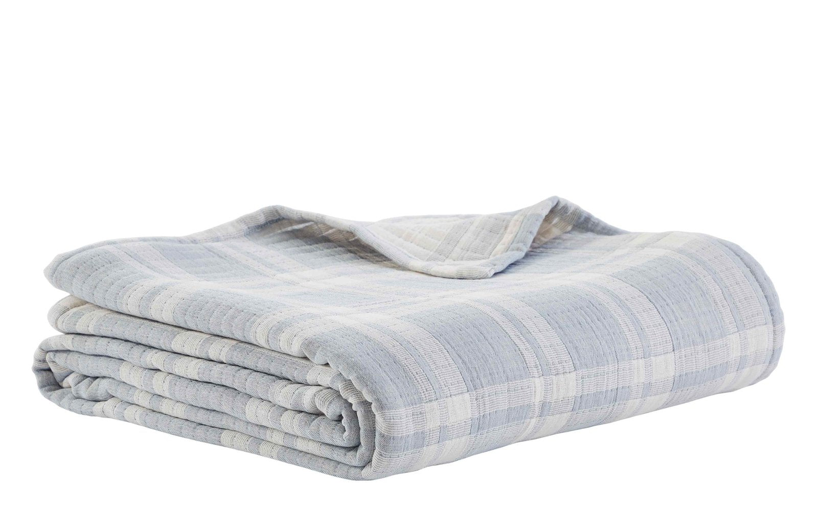 BT-117-9496_3|Neatly folded light blue and white plaid textured cotton blanket, ready for storage or cozy use on a cool evening.