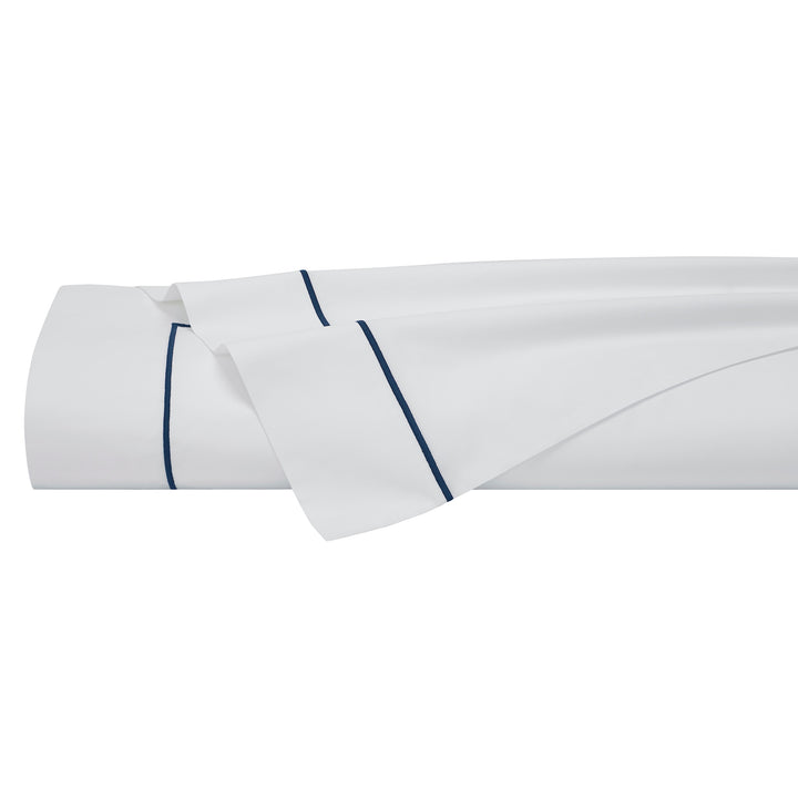 KFL-549-7880_5|White 100% cotton sateen sheets, elegantly folded, featuring a crisp navy blue border. Premium quality, soft, breathable, luxurious comfort.