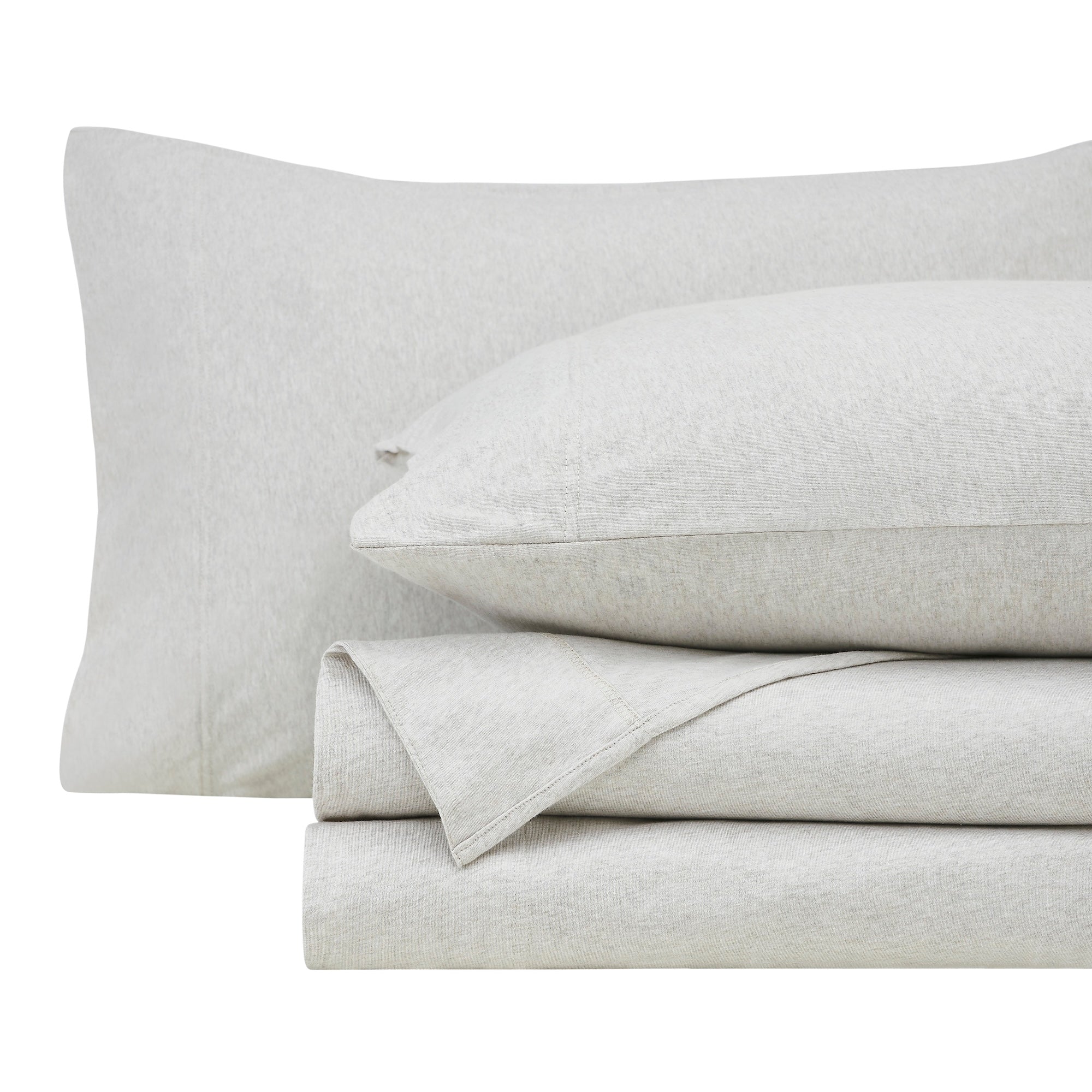 QSS-526-6080_5|Neatly folded light grey 100% cotton jersey sheets and pillowcases, essential for soft, breathable, cozy bedding.