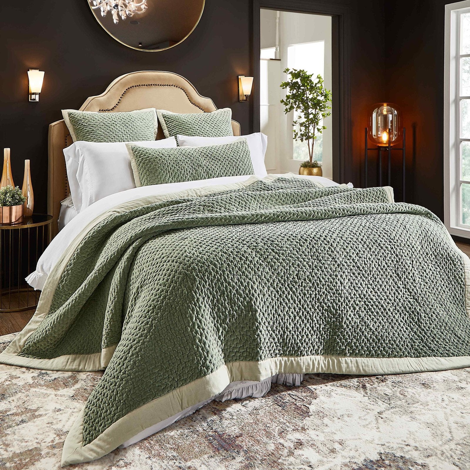 QT-328-11096_1|Luxurious sage green diamond-quilted velvet coverlet set elegantly draped over a queen bed with white sheets and pillows.