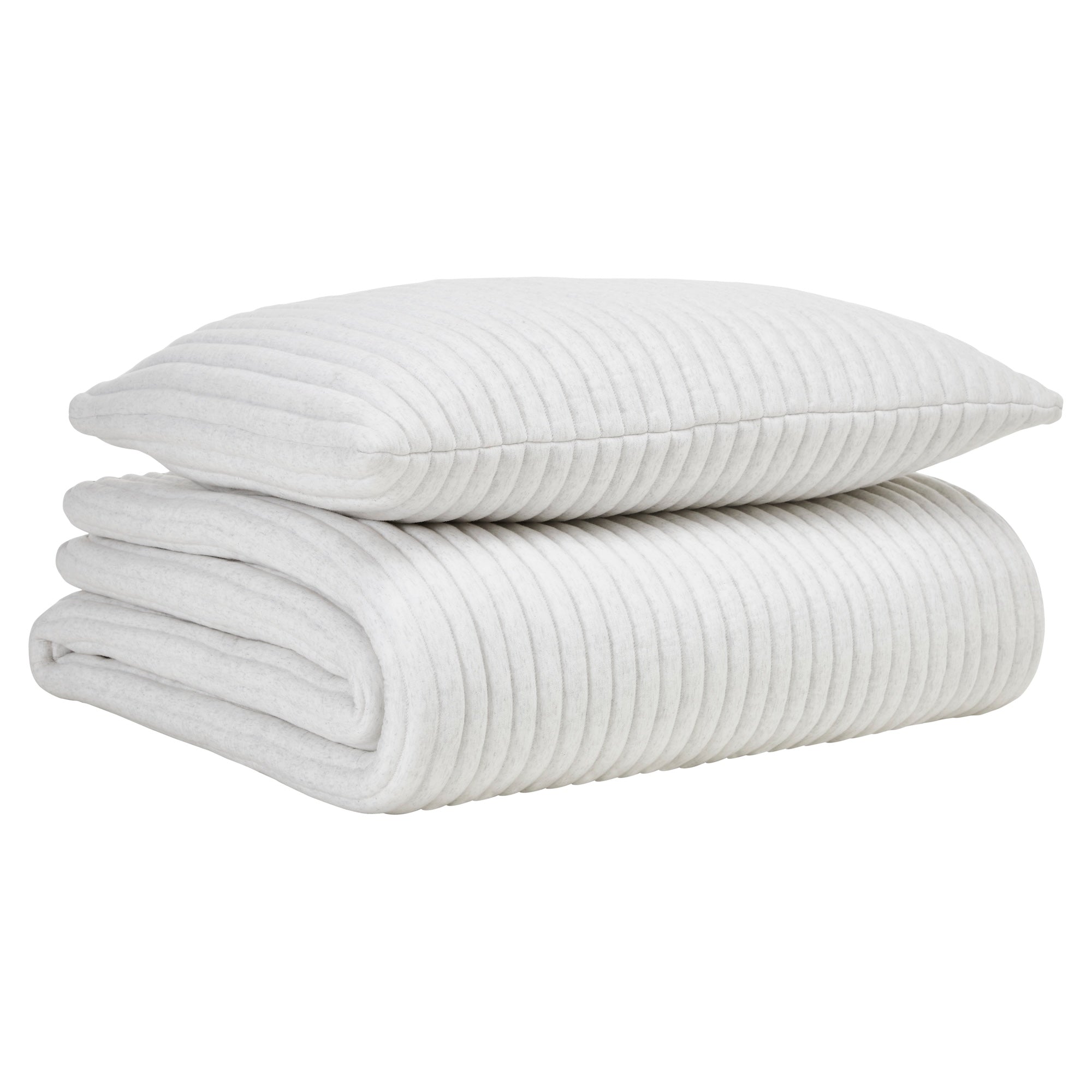QT-374-9496_5|Stacked off-white ribbed quilt and matching pillow, a cozy and stylish addition to any modern bedding collection.