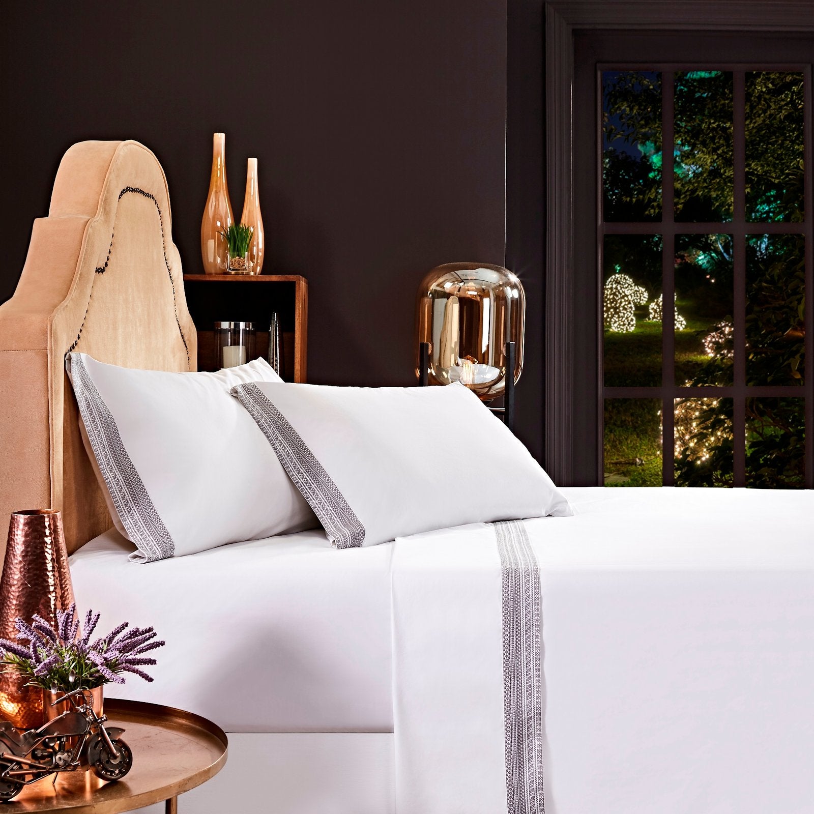 CSS-502-7284_1|Crisp white 100% cotton sheets with elegant woven grey trim, creating a luxurious and breathable bedding experience.