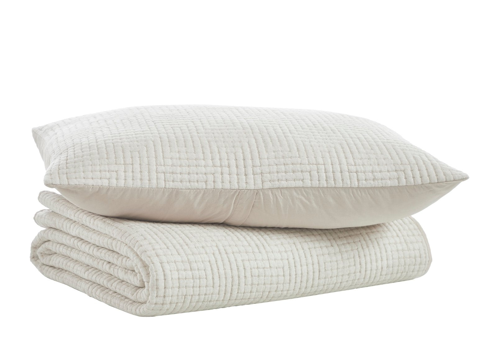 CL-259-9496_5|Folded off-white textured geometric pattern coverlet and matching pillow for a cozy, stylish bedding set.
