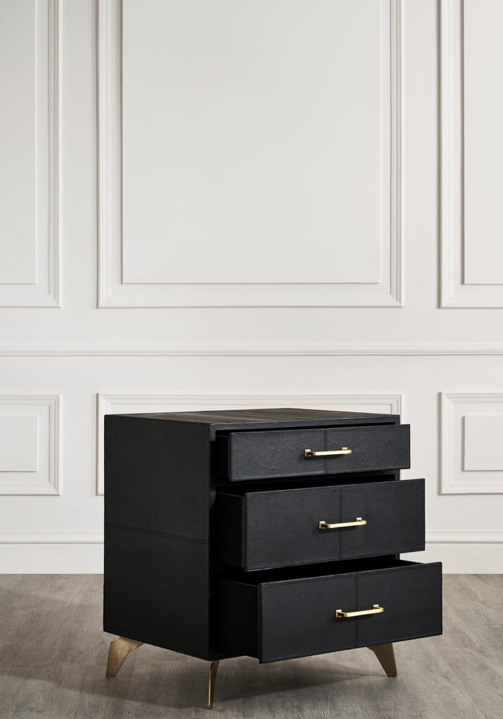 FN-5200-262028_5|Modern black three-drawer nightstand with gold bar pulls and tapered legs, drawers slightly open for display.