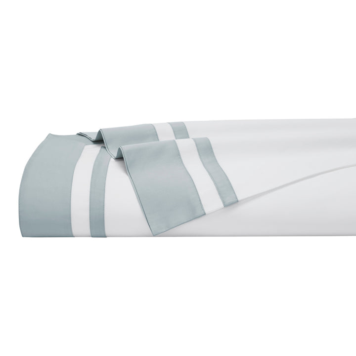 KFL-541-7880_5|Perfectly folded 100% cotton sheet, white with elegant light blue double border, smooth, soft, and breathable comfort.