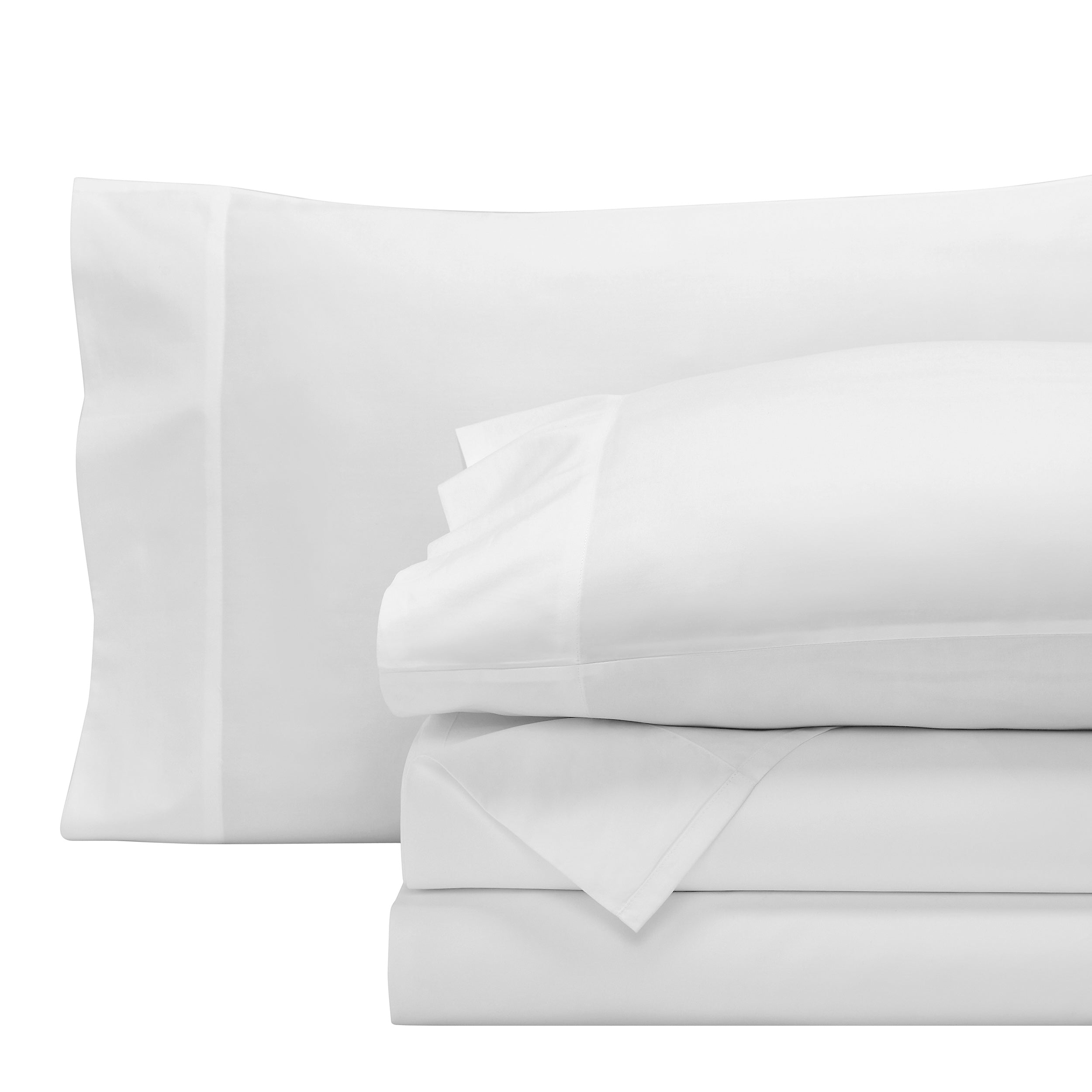 KSS-539-7880_5|Stack of neatly folded white 100% cotton sheets and pillowcases, a complete luxurious bedding set for ultimate relaxation.