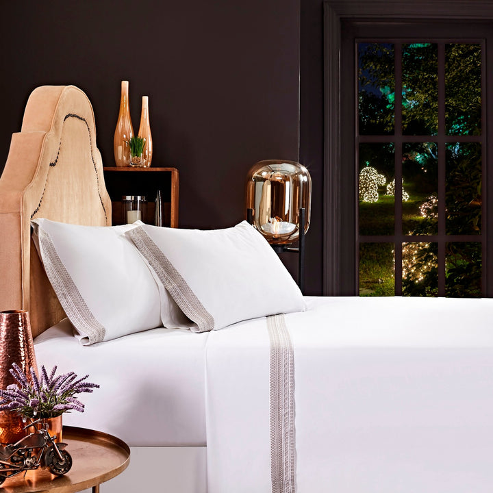 CSS-501-7284_1|Crisp white 100% cotton sheets with elegant woven grey trim, creating a luxurious and breathable bedding experience.