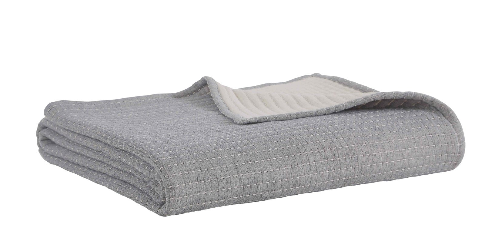 BT-108-11096_3|Grey textured reversible quilt blanket, folded neatly, showcasing soft cream reverse for cozy bed and contemporary home decor.