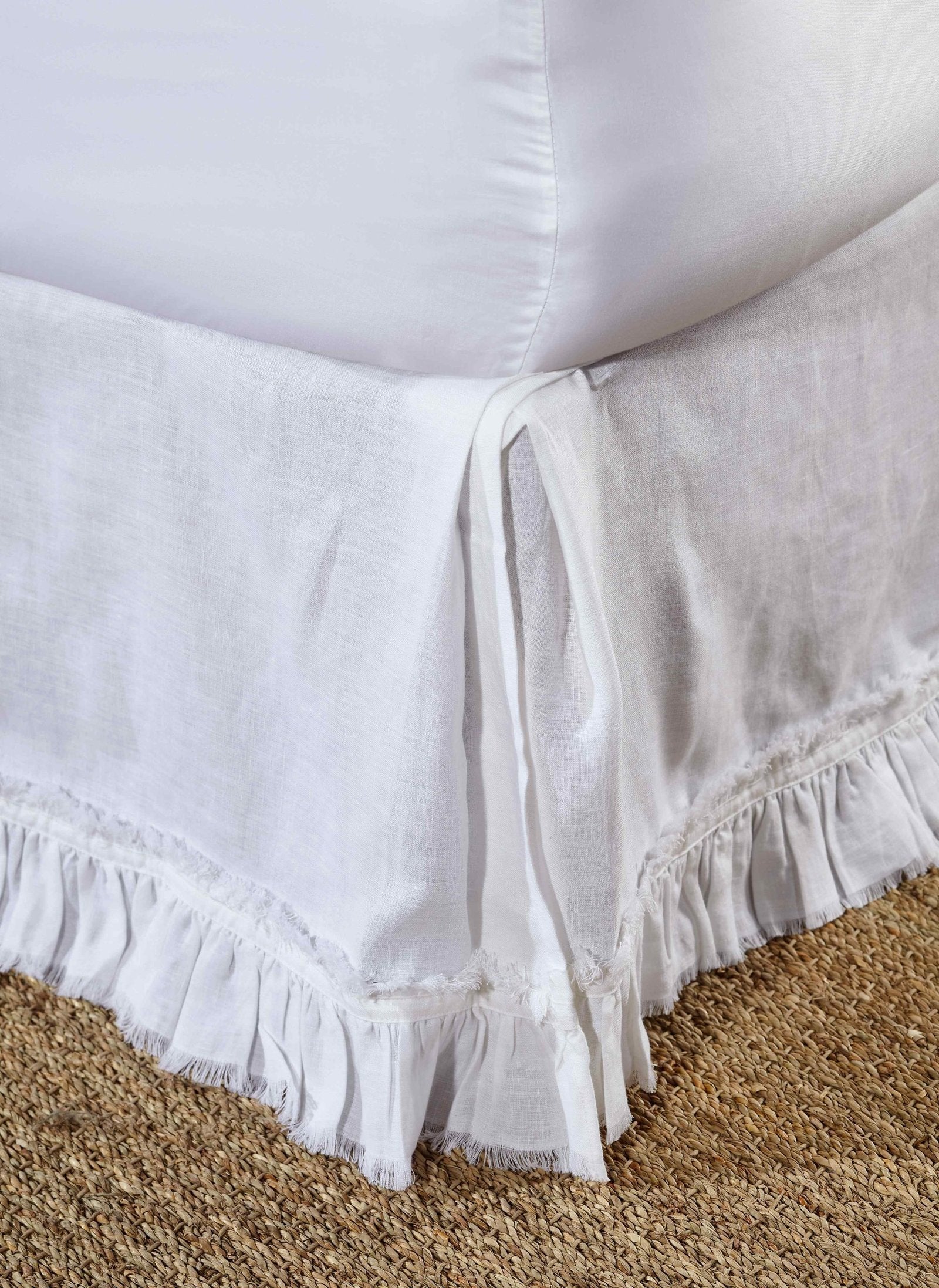 BS-103-X_1|White linen blend panel bed skirt with layered ruffles and frayed edges. A classic tailored bedding accessory.